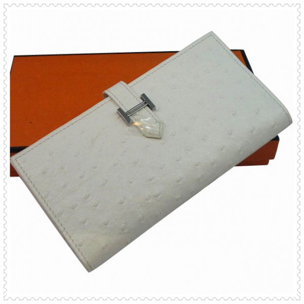 Hermes Bearn Gusset Wallet Ostrich Leather White